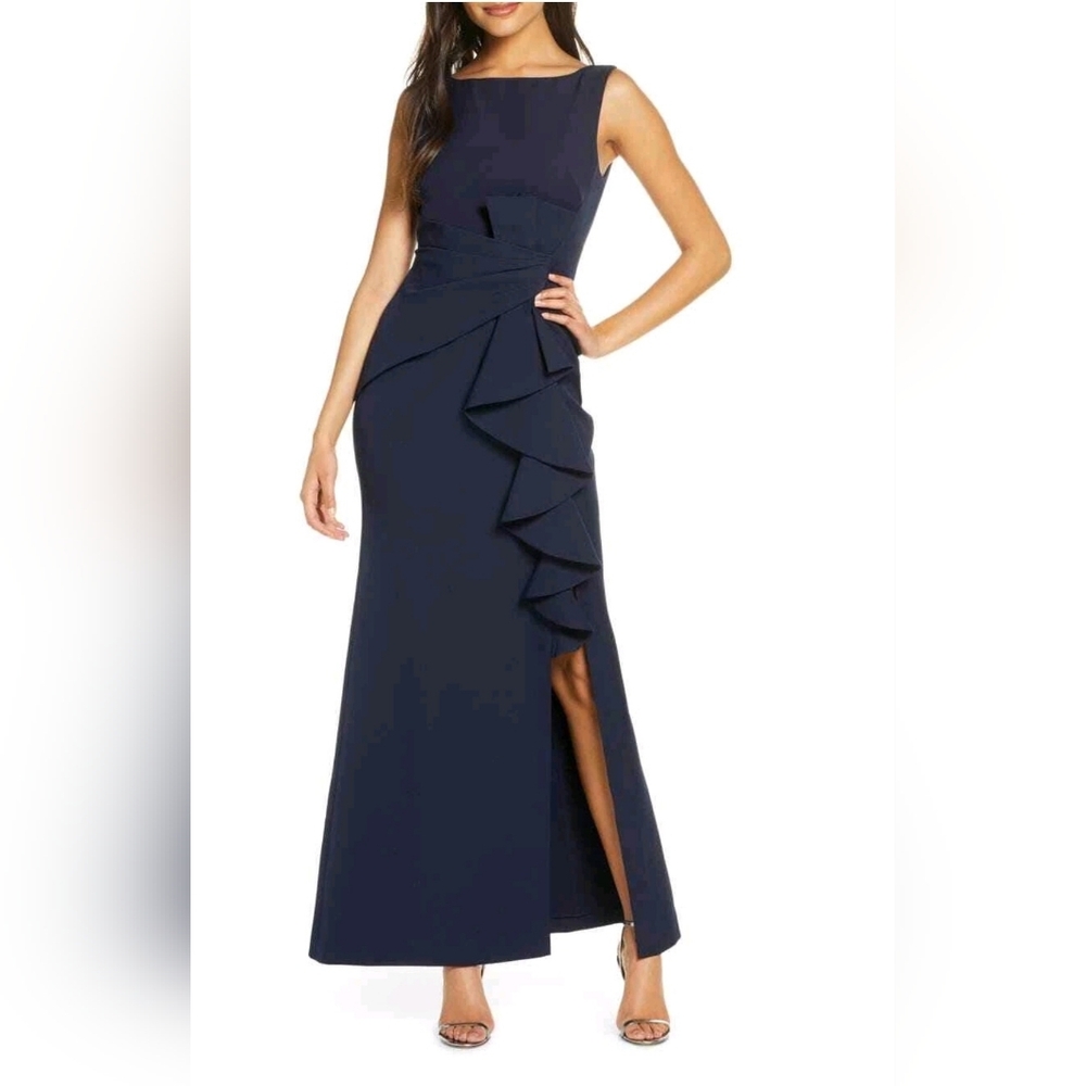 Size 4 - ELIZA J Ruffle Front Gown Navy Long Dress
